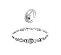 QKEPCY Conjunto Anillo Brillante Cristal Pulsera Elegante Plata Acero Inoxidable Joyería Mujer Ajustable
