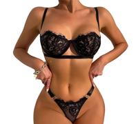 QKEPCY Conjunto de Lencería Mujer Encaje 2 Piezas de Sujetador con Tiras y Bragas Ropa de Dormir Sexy Babydoll y Tanga Tentació Encaje Pijamas(Negro S)