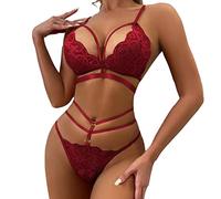 QKEPCY Conjunto de Lencería Sexy para Mujer - Pijama de Encaje Bordado con Sujetador y Tanga - 2 Piezas (Rojo L)