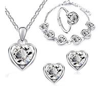 QKEPCY Conjunto Joyas Corazón Cristal Brillante Collar Pendientes Pulsera Anillo Mujer Elegante Plata