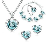 QKEPCY Conjunto Joyas Corazón Cristal Brillante Collar Pendientes Pulsera Anillo Mujer Elegante Plata
