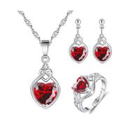 QKEPCY Conjunto Joyas Corazón Cristal Nudo Celta Collar Pendientes Anillo Ajustable Plata Brillante Mujer Elegante