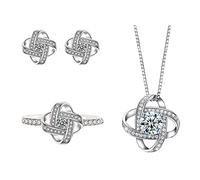 QKEPCY Conjunto Joyas Nudo Celta Brillantes Cristal Collar Pendientes Anillo Mujer Elegante Plateado