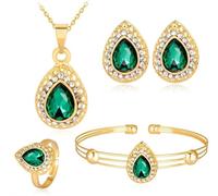QKEPCY Conjunto Joyería Lágrima Cristal Esmeralda Collar Pendientes Pulsera Anillo Adornos Brillantes Mujer