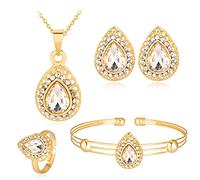 QKEPCY Conjunto Joyería Lágrima Cristal Esmeralda Collar Pendientes Pulsera Anillo Adornos Brillantes Mujer