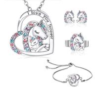 QKEPCY Conjunto Joyería Unicornio Corazón Cristales Brillantes Collar Pendientes Pulsera Anillo Niñas Adolescentes
