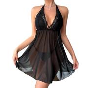 QKEPCY Conjunto Lencería Sexy Mujer Picardias Escotado en Profundo V con Encaje Transparente y Espalda Descubierta Tanga Pijama Ropa Interior Lingerie Erótica (Negro-2)