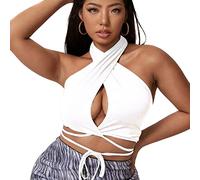 QKEPCY Crop Top Mujer, Camisola Camiseta sin Mangas Mujer Verano Sexy Calado Entrecruzado Tank Tops Elegante Corto Informal de Color Sólido Chaleco (Blanco L)