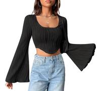 QKEPCY Crop Top Sexy Camisetas de Manga Larga Sexy Camisetas Cuello en U Camisa de Corte Ajustado Mangas Acampanadas Pullover Blusa Club Party Casual Tops(S)
