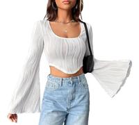 QKEPCY Crop Top Sexy Camisetas de Manga Larga Sexy Camisetas Cuello en U Camisa de Corte Ajustado Mangas Acampanadas Pullover Blusa Club Party Casual Tops(S)