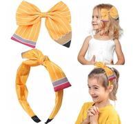 QKEPCY Diadema con Lazo Pinza Amarillo Diseño Lápiz Escolar Accesorio Cabello Niñas Metálica Banda Elástica Decorativa Complemento Peinado para Niñas Mujeres (Amarillo)