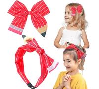 QKEPCY Diadema con Lazo Pinza Amarillo Diseño Lápiz Escolar Accesorio Cabello Niñas Metálica Banda Elástica Decorativa Complemento Peinado para Niñas Mujeres (Rojo)