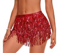 QKEPCY Falda con Borlas De Lentejuelas para Danza del Vientre, Bufanda De Cadera, Disfraz De Rave con Flecos para Mujeres y Niñas