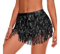 QKEPCY Falda con Borlas De Lentejuelas para Danza del Vientre, Bufanda De Cadera, Disfraz De Rave, Vestido con Falda De Flecos Rave Falda con Flecos para Mujeres y Niñas