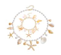 QKEPCY Juego de Joyas para Mujer Bohemia Perlas Concha Estrella de mar Collar Pulsera Joyas Playa para Verano
