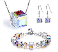 QKEPCY Juegos de Joyas de Mujer Pulsera de cuentas Pendientes de cristal austriaco y coloridas Collar de aurora ajustables Moda Joyería Fina Regalos de Cumpleaños Novia Regalos para Esposa
