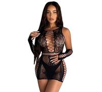 QKEPCY Lencería Sexy para Mujer Ropa Interior de Jacquard para señoras Body de Encaje con Cuello Colgante de Tul Mini Vestido Pijama de Encaje Regalo de Nochebuena y San Valentín