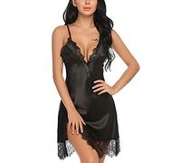 QKEPCY Lingerie Sexy Mujer Eróticos Camisón Satinado con Encaje Tirantes Ajustados Ropa de Dormir Lenceria Hot Picardias Elegante Body Transparente Conjunto