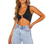 QKEPCY Mujer Camiseta Sexy Crop Top Elástico Manga Corta Verano Casual sin Mangas T-Shirt Y2K Tops Cut out Streetwear Informal (Negro S)