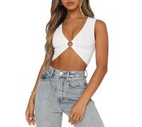 QKEPCY Mujer Camiseta Sexy Crop Top Elástico Manga Corta Verano Casual sin Mangas T-Shirt Y2K Tops Cut out Streetwear Informal (Blanco L)
