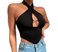 QKEPCY Mujer Camiseta sin Mangas Top Elástico Sexy Camisola Cami Casual Tank Tops T-Shirt Y2K Tops Cut out Streetwear Informal (L)