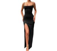 QKEPCY Mujeres Sexy Verano Largo Vestido sin Manga Ajustado de Tirantes para Fiesta Vestido sin Espalda de Color Sólido Dress Bodycon Slim Fit Elástico Casual Noche Club Playa (Negro L)