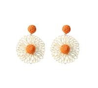QKEPCY Pendientes de Paja Hechos a Mano Para Mujer Pendientes Flor Tejido de Rafia Estilo Boho Hawaiano Vacaciones en la Playa Joyería Earrings para Mujeres y Niñas(Naranja y Blanco)