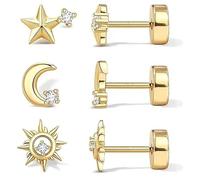 QKEPCY Pendientes Mujer Plata Dorados Con Diseño De Estrella Luna Y Sol Pendientes Acero Inoxidable Mujer Para Cualquier Ocasión (Oro)