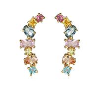 QKEPCY Pendientes Trepadores Mujer 7 Cristales Ear Cuffs Hoop Climber S925 Sterling Pendientes de Plata Pendientes de Clip de Cristal Circonitas de Colores Dos Formas de Llevarlo Hipoalergénico (Oro)