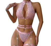 QKEPCY Sexy Conjunto de Lencería para Mujer Sujetador Triangular y Braguita Juego Bodi de Encaje con Ligas en los Muslos Teddy Lingerie Escote (XL)