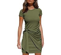 QKEPCY vestido de verano de las mujeres de manga corta cuello redondo vestido ligero Midle largo color sólido rodilla vestido largo se puede usar para muchas ocasiones plisado arco (Verde militar S)
