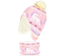 QKURT Conjunto de Gorro y Bufanda para Niñas, Bufanda de Punto Cálida de Invierno para Niños Pequeños, Gorro de Lana, Gorro con Pompón y Orejeras, Conjuntos para Clima Frío para Niños de 1-4 Años