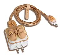 QLD COVER Funda de cargador USB-C de 18 W/20 W, bonito diseño de pajarita 3D, protector de cargador suave y transparente, protector de cable Kawaii para iPhone 11, 12, 13, 14 Pro Max, adaptador de corriente rápida, color marrón lazo (5 en 1)