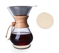 QLESHINING Cafetera de cuello de madera con filtro de acero inoxidable reutilizable y almohadilla de posavasos, jarra de café de vidrio de borosilicato de 400 ml, collar de madera, cafetera goteadora