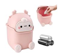 QLFJ-FurDec Mini Papelera Escritorio, Papelera Sobremesa con Tapa Abatible y 3 Rollos de Bolsas, 15,5x14x23,5cm Lindo bote de basura para Hogar, Oficina (Rosa)