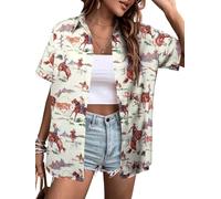 QLIPIN Camisas Occidentales con Botones para Mujer: Camisa Vaquera Retro para Rodeo, Blusas Hawaianas de Manga Corta para Vacaciones de Verano, Albaricoque, XXL