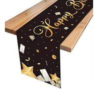 QLK - Camino de mesa para cumpleaños, cumpleaños (33 x 183 cm), diseño de cumpleaños, color negro y dorado