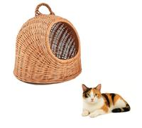 QLS Cama para gatos de mimbre con asa, cesta trenzada a mano para gatos y perros pequeños, 40 x 34 x 35 cm, material natural, estable y decorativo