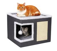 QLS Casa para gatos 2 en 1 con tabla rascadora, 42 × 42 × 35 cm, plegable, con pelota de juego, cojín de doble cara y superficie de sisal, ideal para dormir y jugar