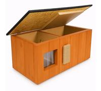 QLS Casa para gatos aislada, 86 x 47 x 37 cm, con antesala, tabla para rascar, techo de apertura, cortina y aislamiento de poliestireno, resistente a la intemperie, teca