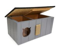 QLS Casa para gatos aislada, 86 x 47 x 37 cm, con antesala, tabla para rascar, techo de apertura, cortina y aislamiento de poliestireno, resistente a la intemperie, color gris