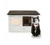 QLS Casa para gatos de madera, 53 x 39 cm, con colchón, aislada, resistente al invierno (blanco, 53 x 39 cm)