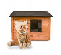 QLS Casa para gatos de madera, 53 x 39 cm, con colchón, aislada, resistente al invierno, color castaño, 53 x 39 cm