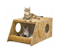 QLS Casa para gatos de madera, 59 x 37,5 cm, con superficie de descanso, alfombrilla de coco