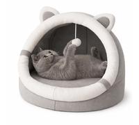 QLS Casa para gatos de peluche con cojín, 31 x 30 x 28 cm, cálida y suave, cueva para gatos, color gris