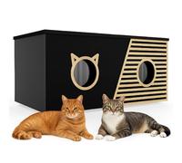 QLS Casa para gatos XXL 85 x 45 x 37,5 cm - resistente a la intemperie y aislada con cortina protectora, techo abatible y suelo OSB, para hasta 4 gatos al aire libre (negro)