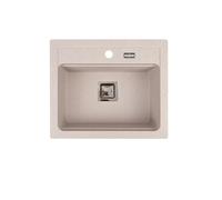 QLS Fregadero de granito 59x50 cm con sifón beige | Solución robusta para cocinas, resistente a arañazos, calor y UV, con cubeta profunda y sifón