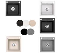 QLS Fregadero de granito Belmondo 46 x 44 cm - Fregadero empotrable con 1 lavabo - Fregadero rectangular de granito para cocina (beige)