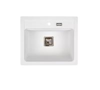 QLS YORK - Fregadero de granito de 59 x 50 cm, 1 lavabo, color blanco, incluye sifón, plantilla y garantía, resistente a arañazos y al calor, para armarios bajos de 60 cm, embalaje seguro para el