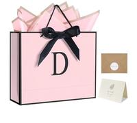 QLSKO Bolsa de papel personalizada con inicial para parrillas de mujer, bolsa de regalo con monograma con cinta de lazo, pañuelo de envoltura y calcomanía de sobre a juego (rosa, D, mediana)